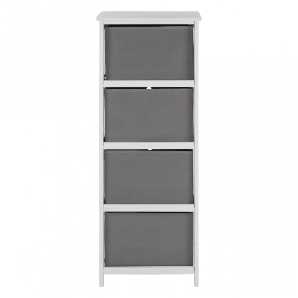 White storage unit with four grey fabric drawers, front view