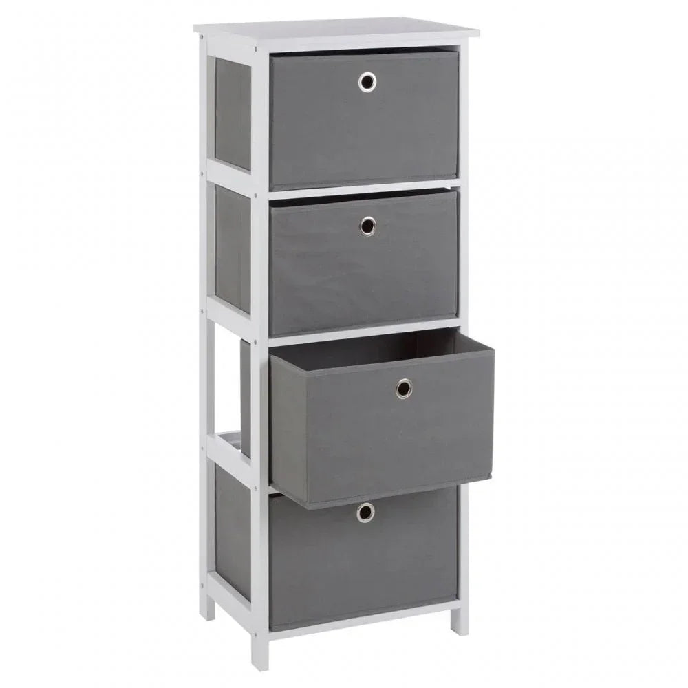Grey fabric storage unit with four drawers and white wooden frame, one drawer open