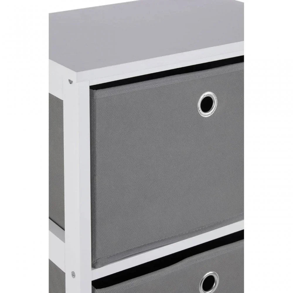 Grey fabric storage drawer unit with white frame and metal grommet handle close-up