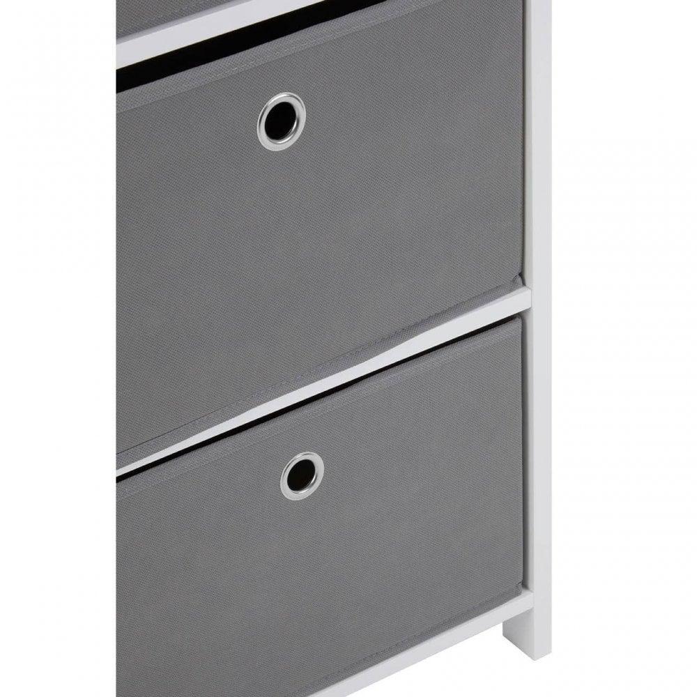 grey fabric storage drawers with metal grommet handles in white frame
