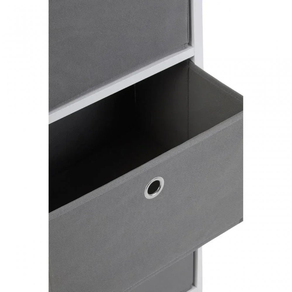 Grey fabric storage drawer with metal ring pull in white shelving unit