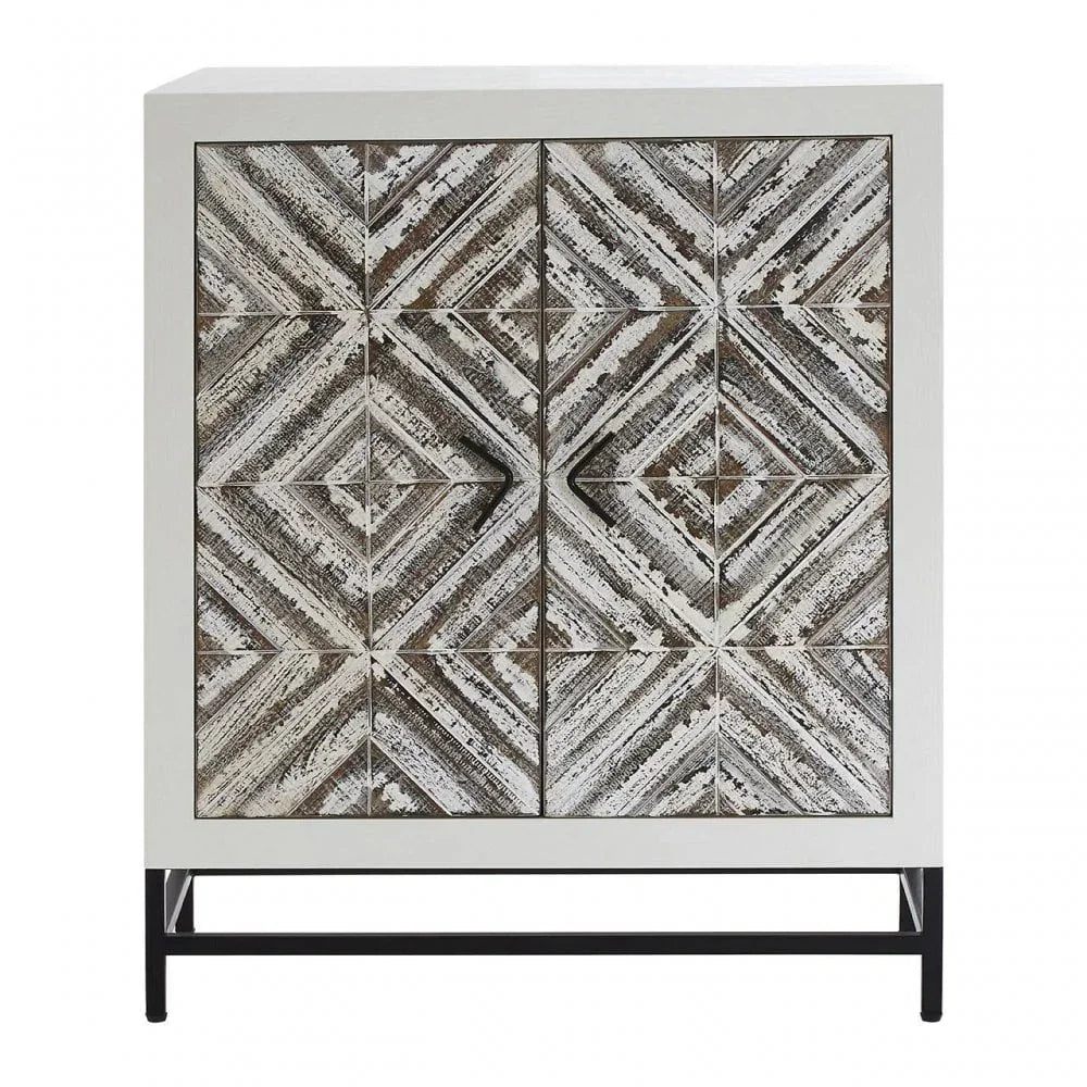 Modern geometric wood sideboard with textured doors and black metal legs