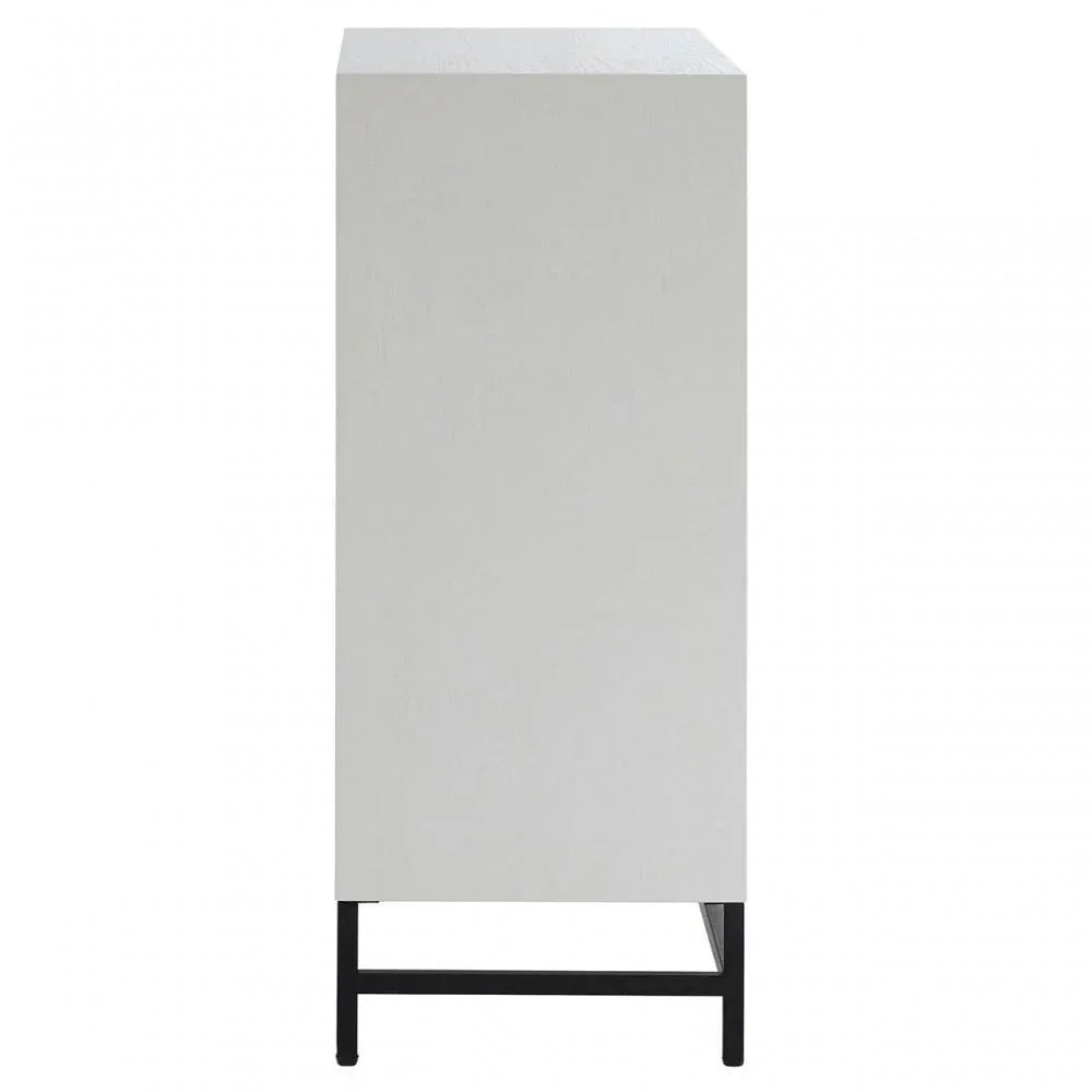 Side view of white storage cabinet with black metal legs