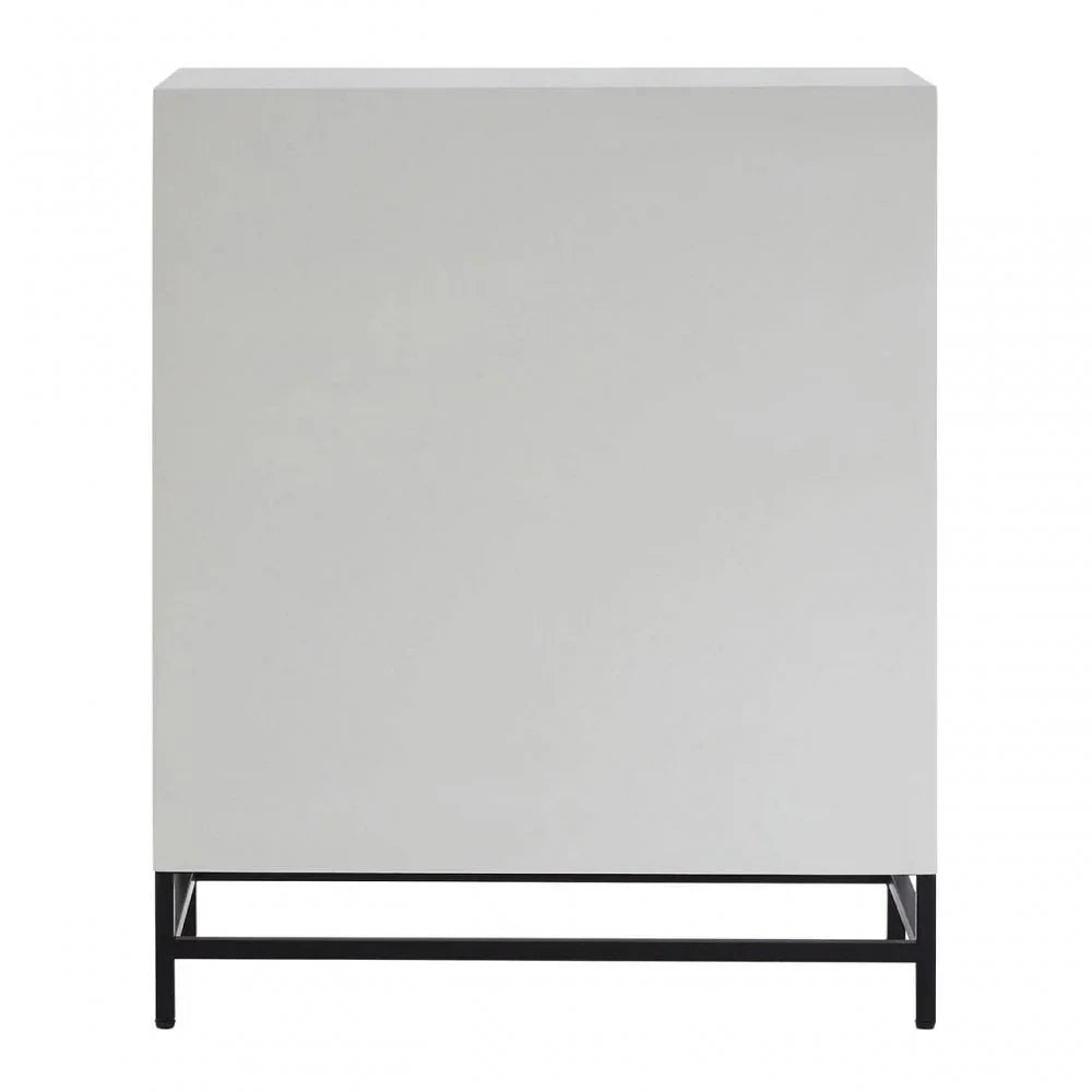 White cabinet with black metal legs, modern square design, rear angle view