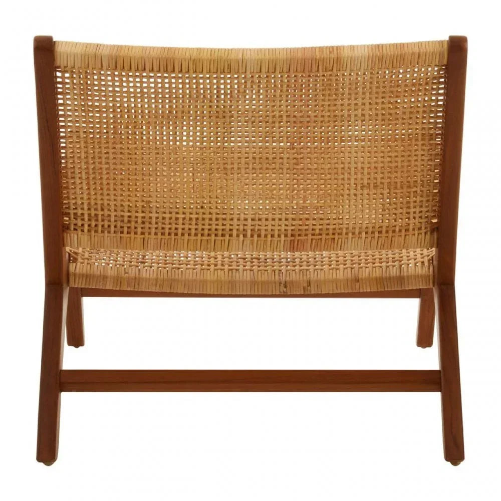 Rear view of rattan lounge chair with woven seat and backrest, wooden frame