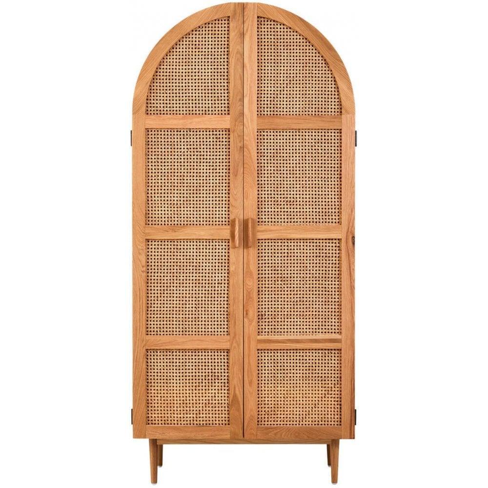 Natural wood rattan wardrobe with arched top and double doors on slim legs