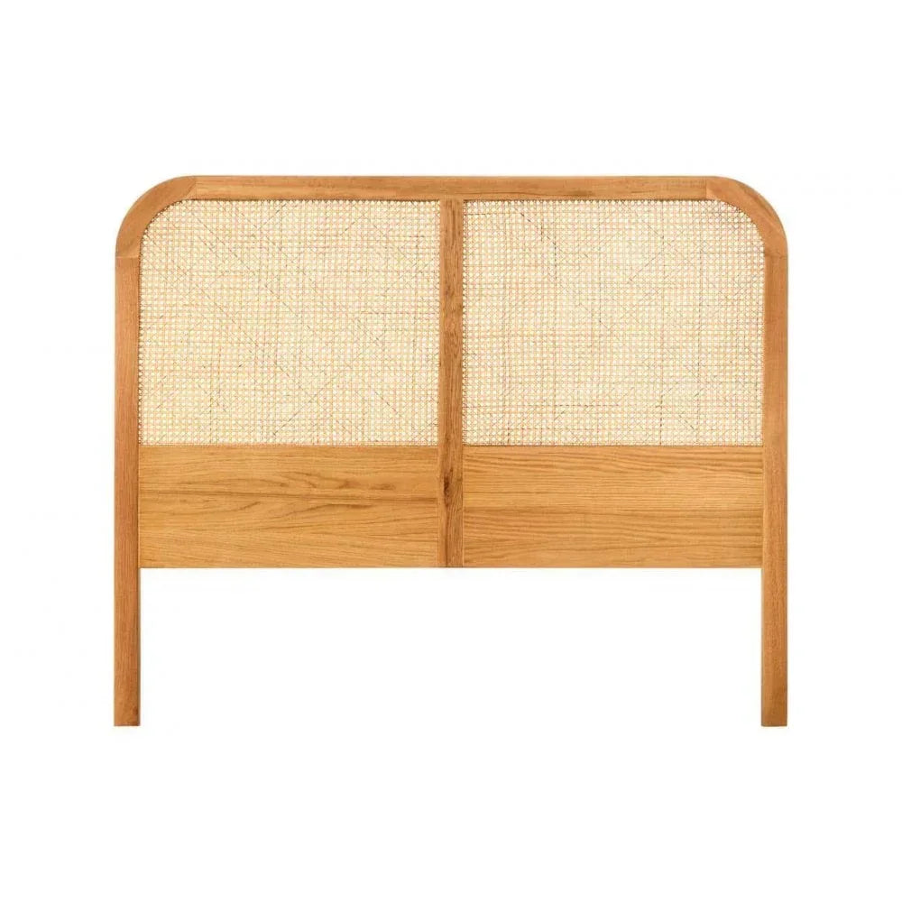 Oak bed headboard with rattan panel and curved edges, front view