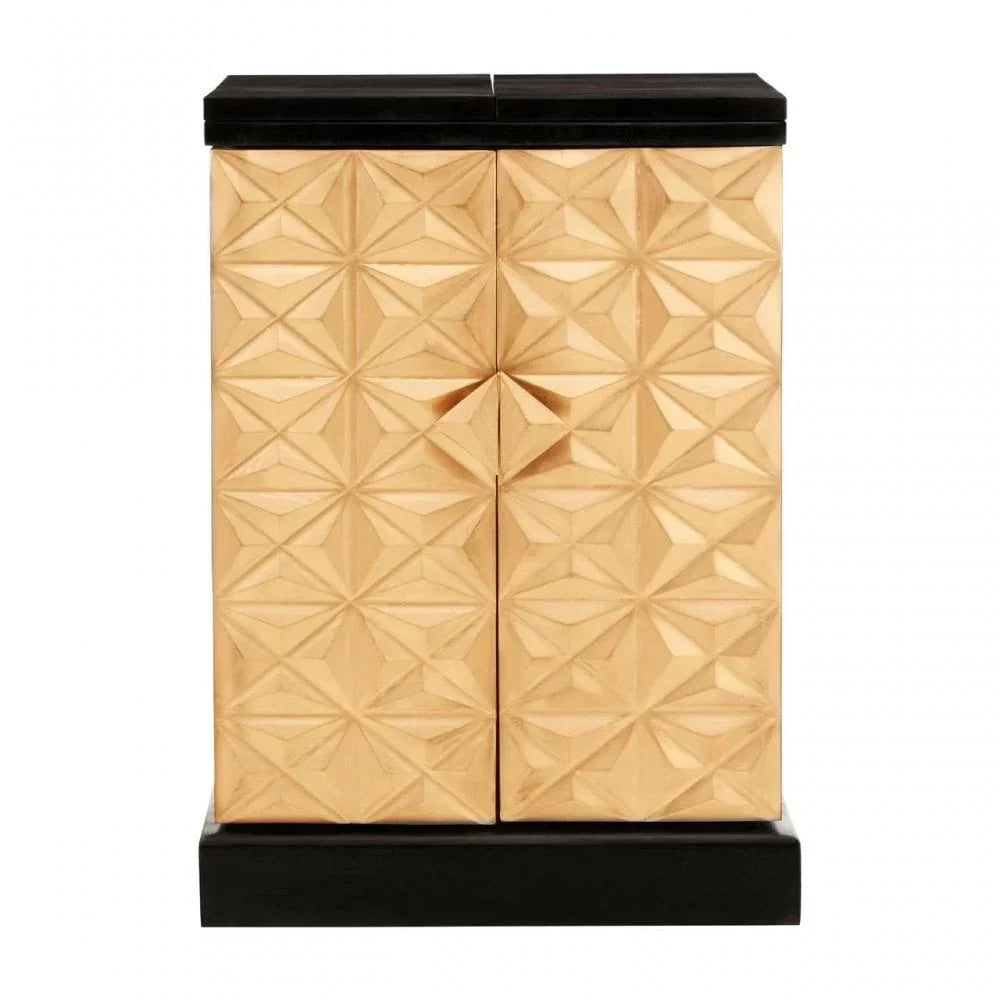 Gold geometric pattern sideboard cabinet with black base and top, front view