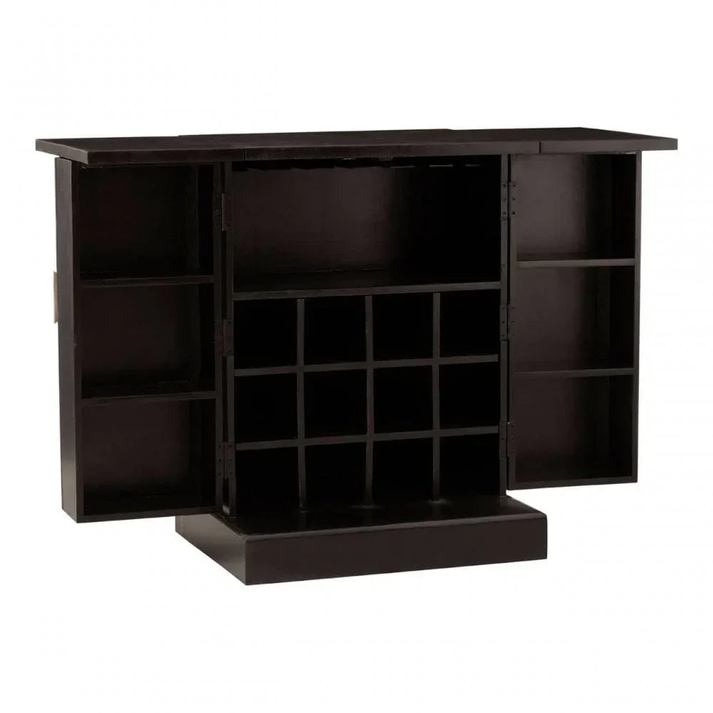 Dark wood bar cabinet with open shelves and wine bottle storage compartments