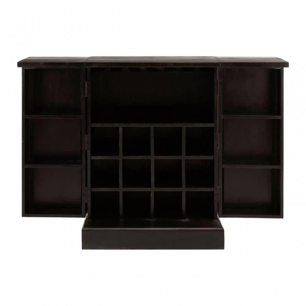 Dark wood home bar cabinet open showing shelves, glass racks, and wine bottle storage