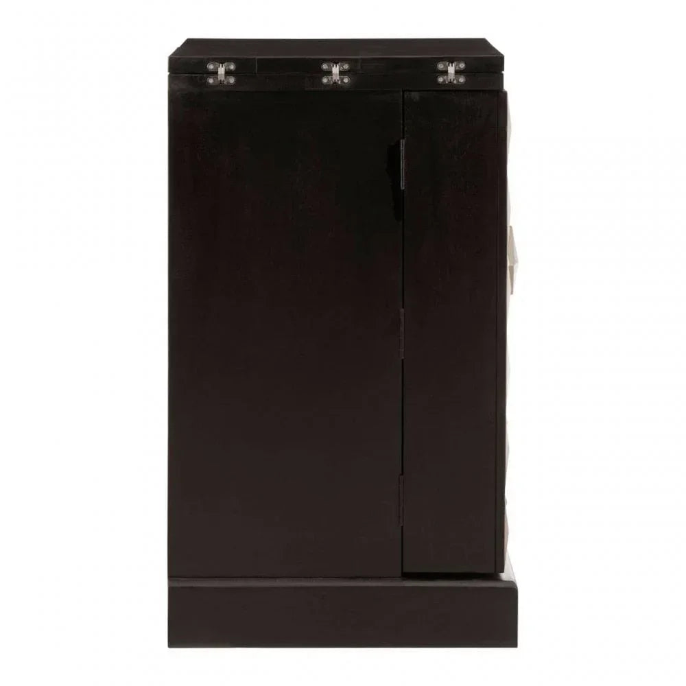 Dark wood storage cabinet with front door and metal hinges, front view