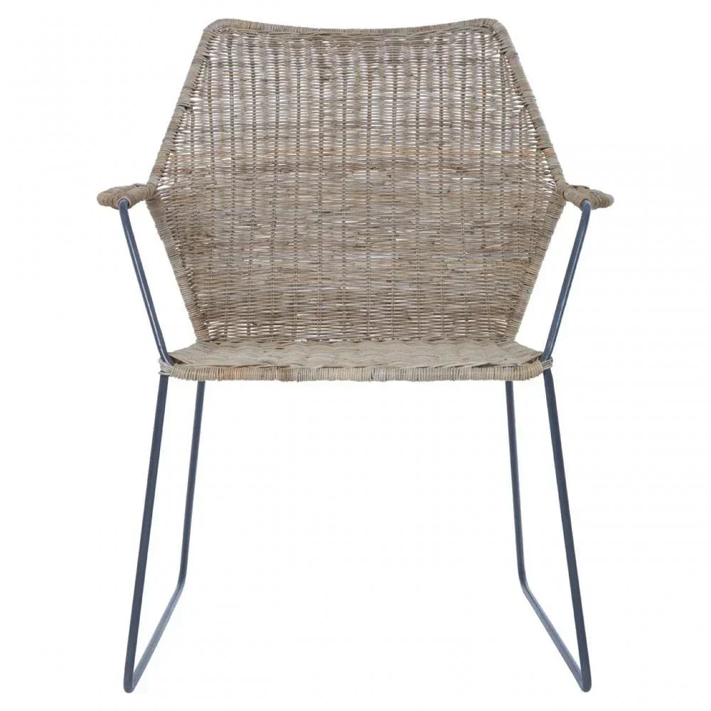 Natural rattan dining chair with black metal legs and armrests, front angle view