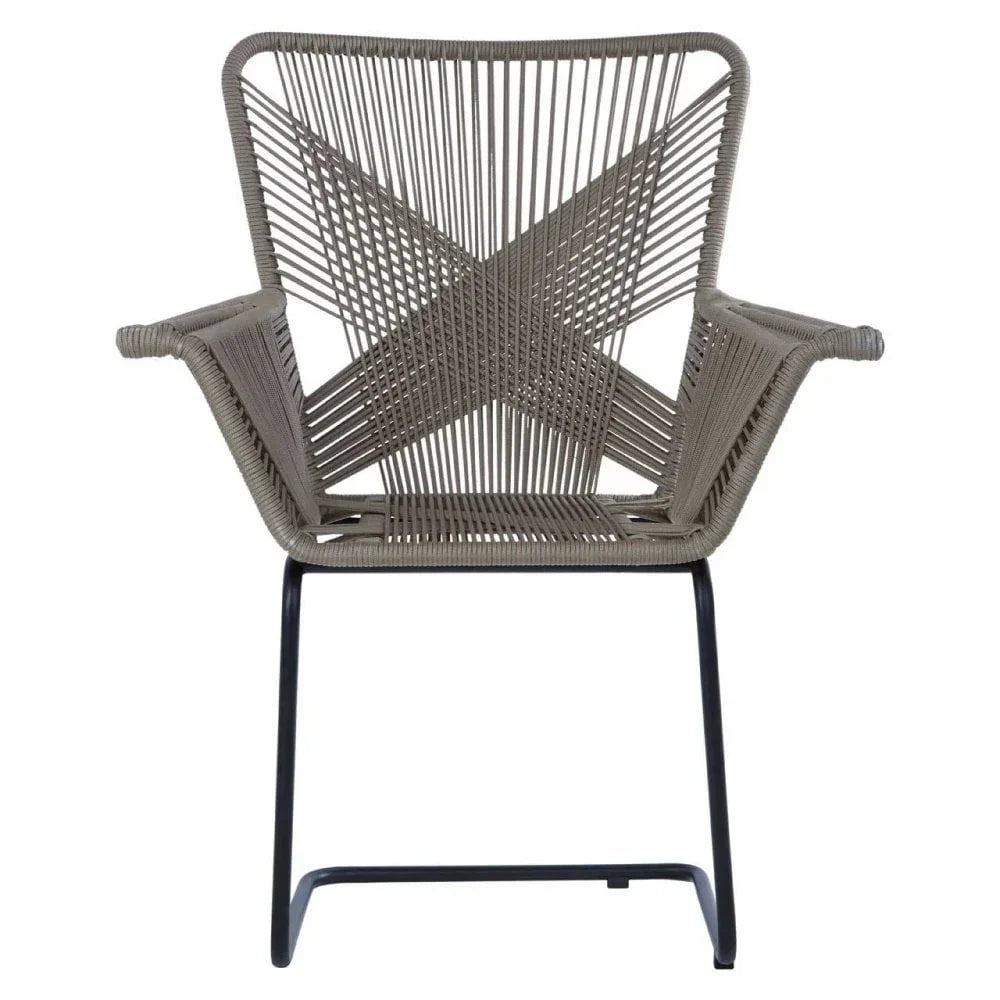 Modern woven accent chair with taupe rope seat and black metal legs, front view