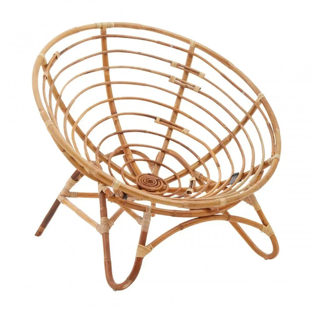 Round rattan accent chair with curved bamboo frame and open weave seat design