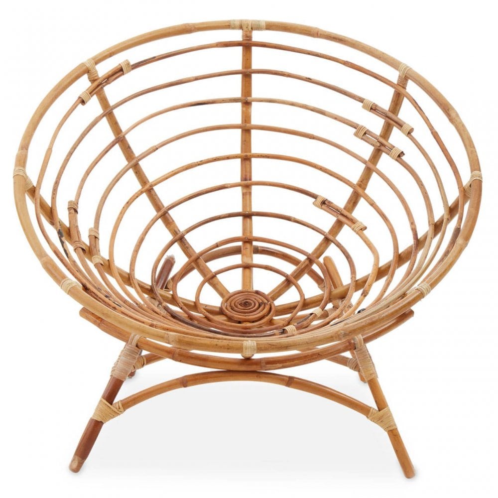 Round rattan chair with open weave design and tripod legs, natural finish