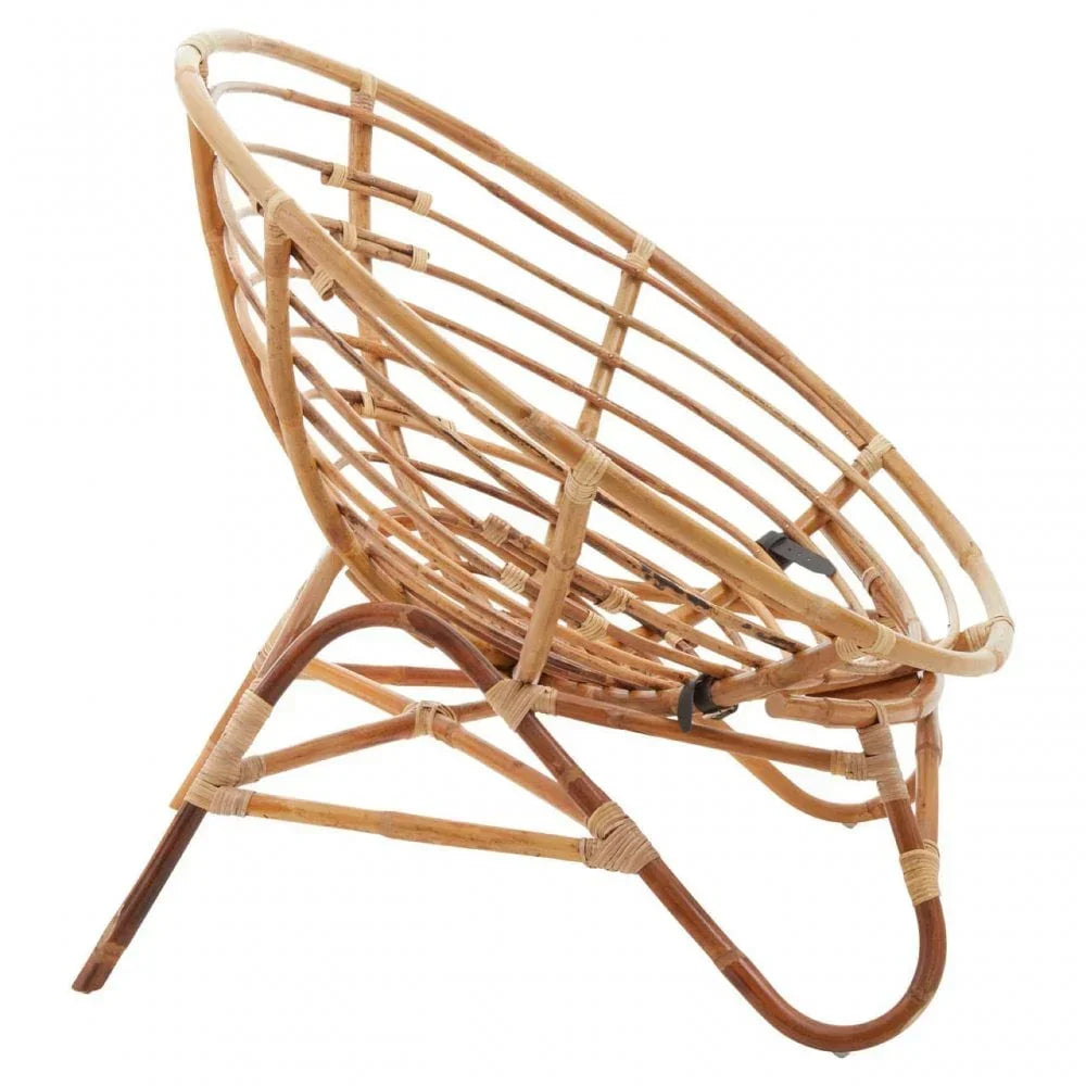 Natural rattan accent chair with round open weave seat and angled legs