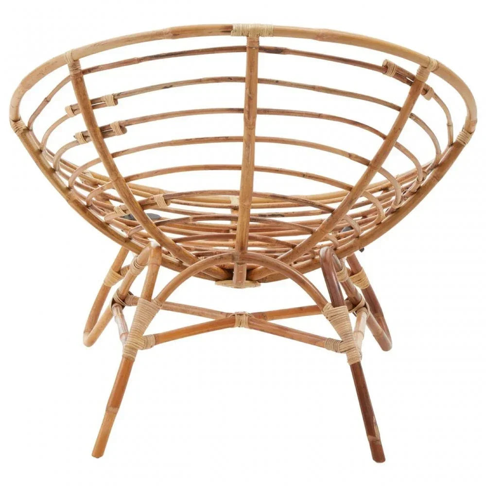 Natural rattan chair frame with round open weave design and angled wooden legs