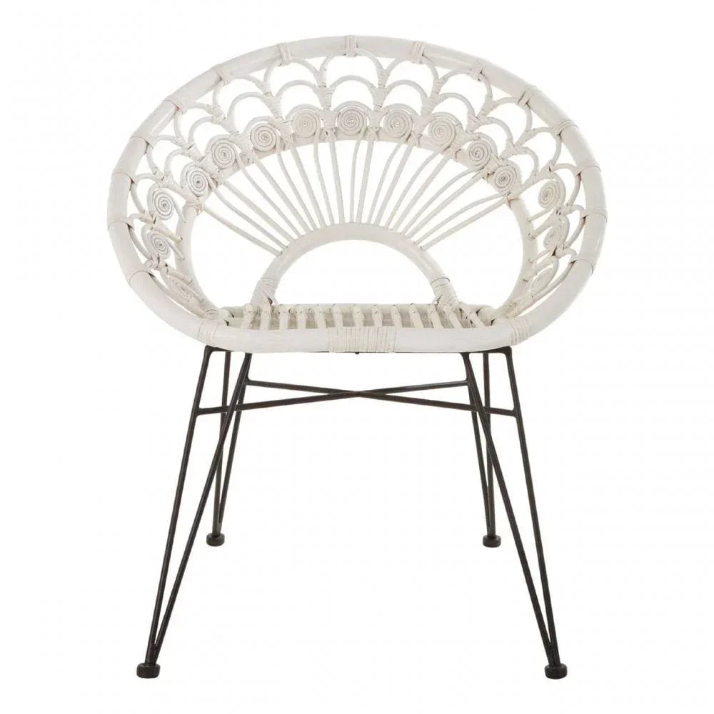 White rattan accent chair with round backrest and black metal legs on white background