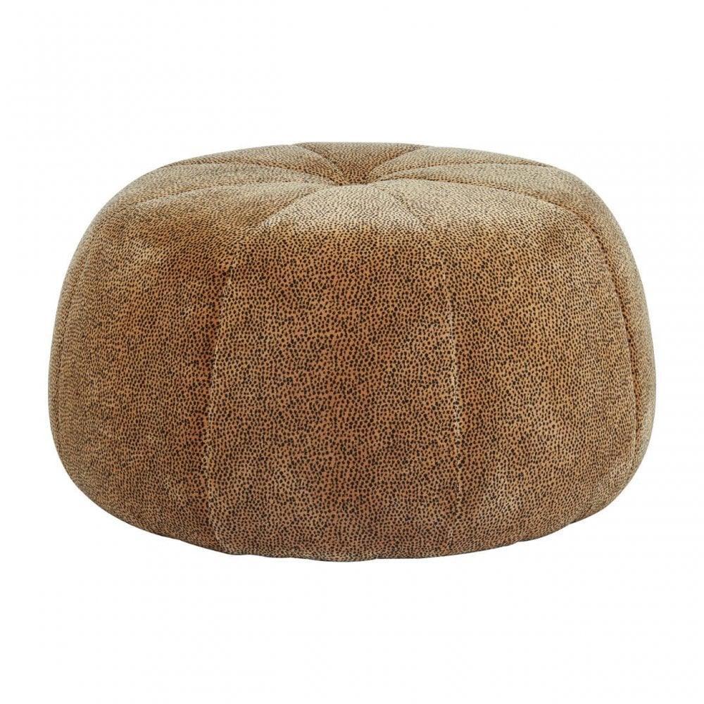 Round brown textured fabric pouffe footstool with stitched panels