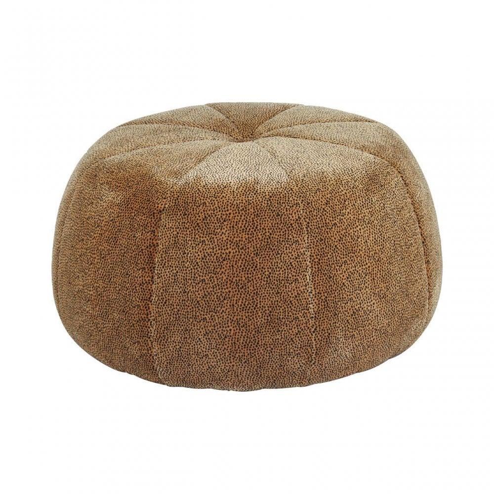 Round brown fabric ottoman with textured upholstery and stitched panel design