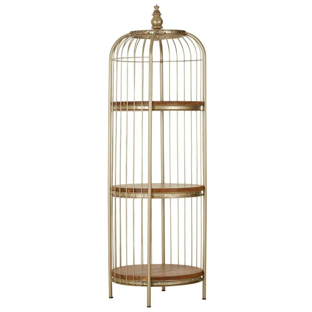 Gold metal and wood shelving unit with three round shelves in birdcage design