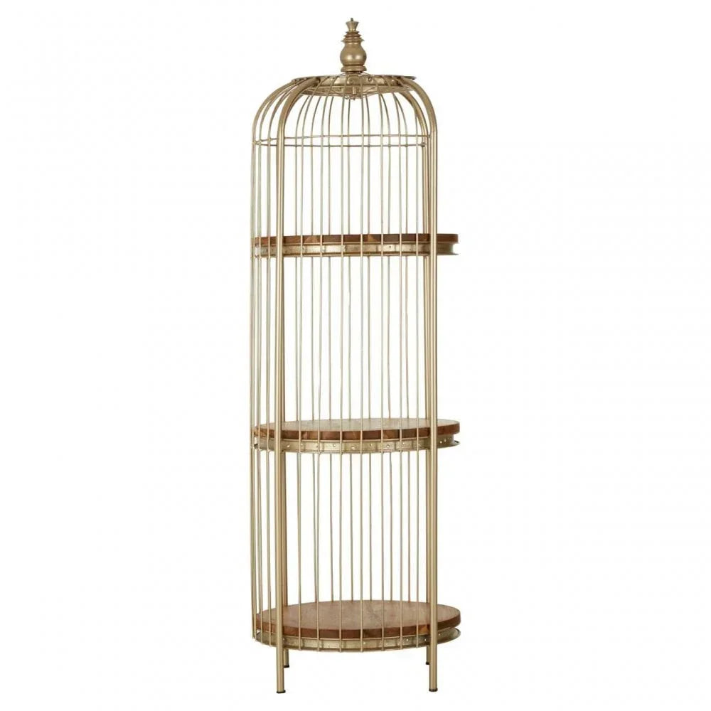 Gold metal shelving unit with three round wooden shelves and decorative cage design