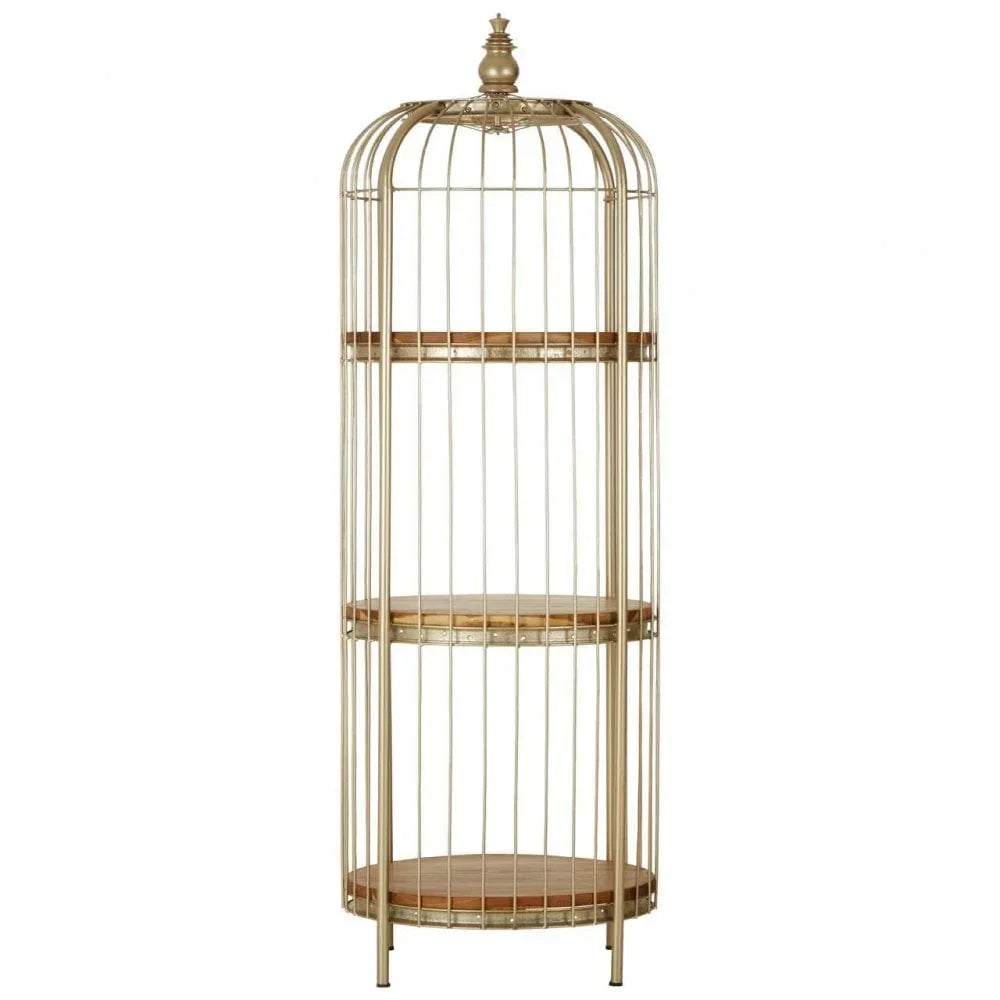 Gold metal cage-style shelving unit with three round wooden shelves
