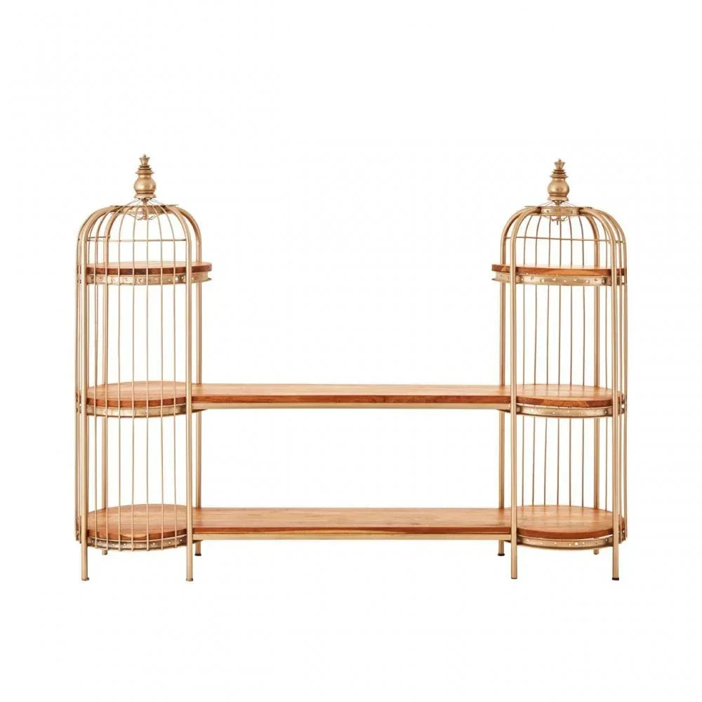 Gold metal and wood console table with birdcage style ends, three open shelves