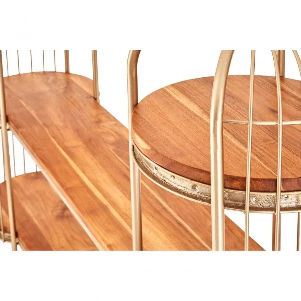 Close-up of wooden shelving unit with gold metal frame and curved edge detail