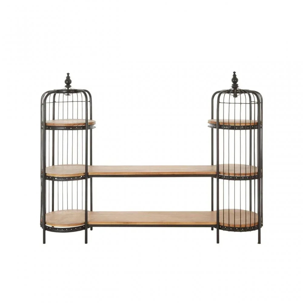 Industrial wood and metal shelving unit with three tiers and rounded cage-style sides