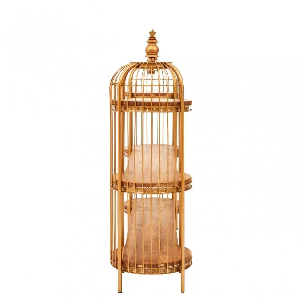 Gold metal birdcage display shelf with three round wooden tiers