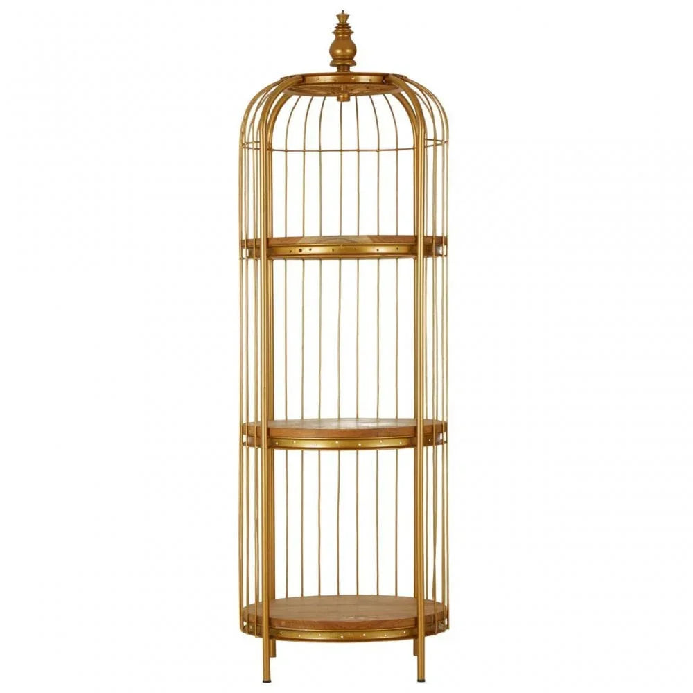 Gold metal display shelving unit with round shelves and birdcage design
