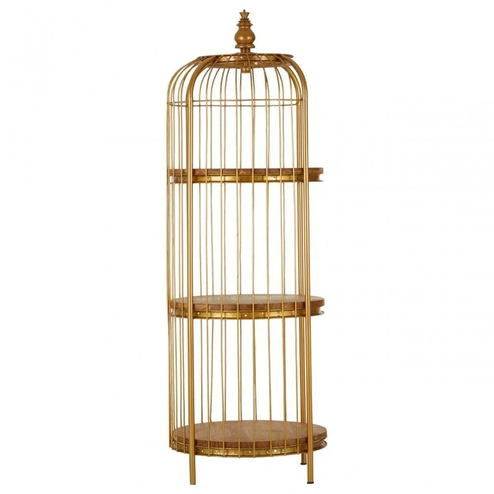 Gold metal shelving unit with three round wood shelves and birdcage design