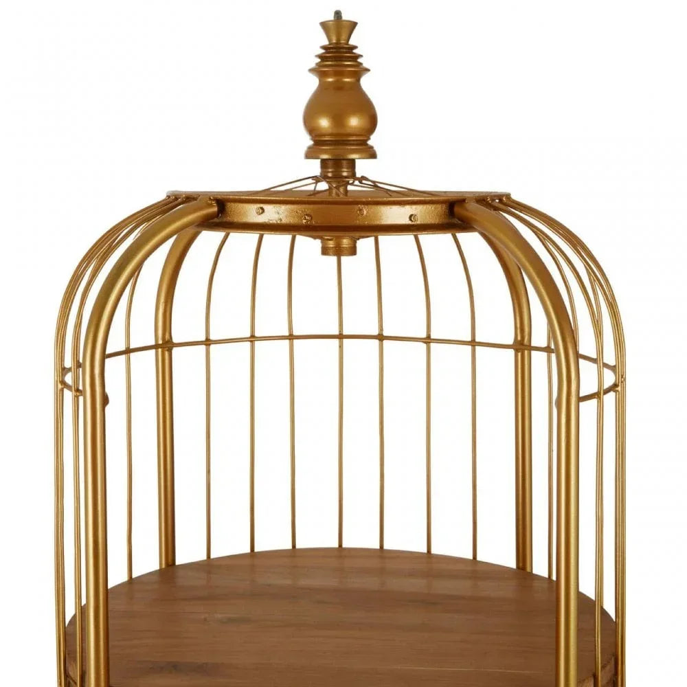 Gold metal birdcage side table with wood base, close up of top and curved frame