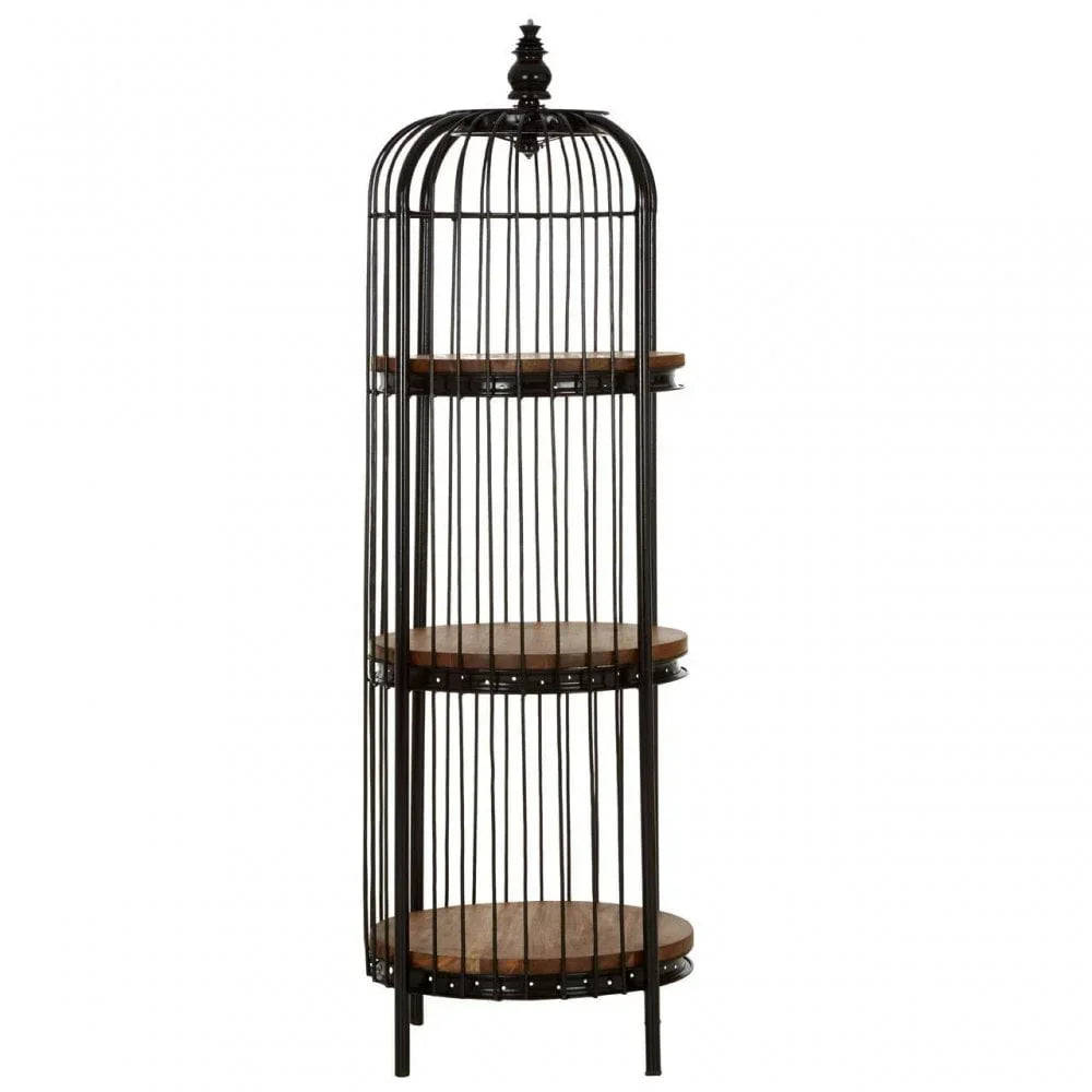 Metal frame shelving unit with three round wooden shelves and decorative top finial