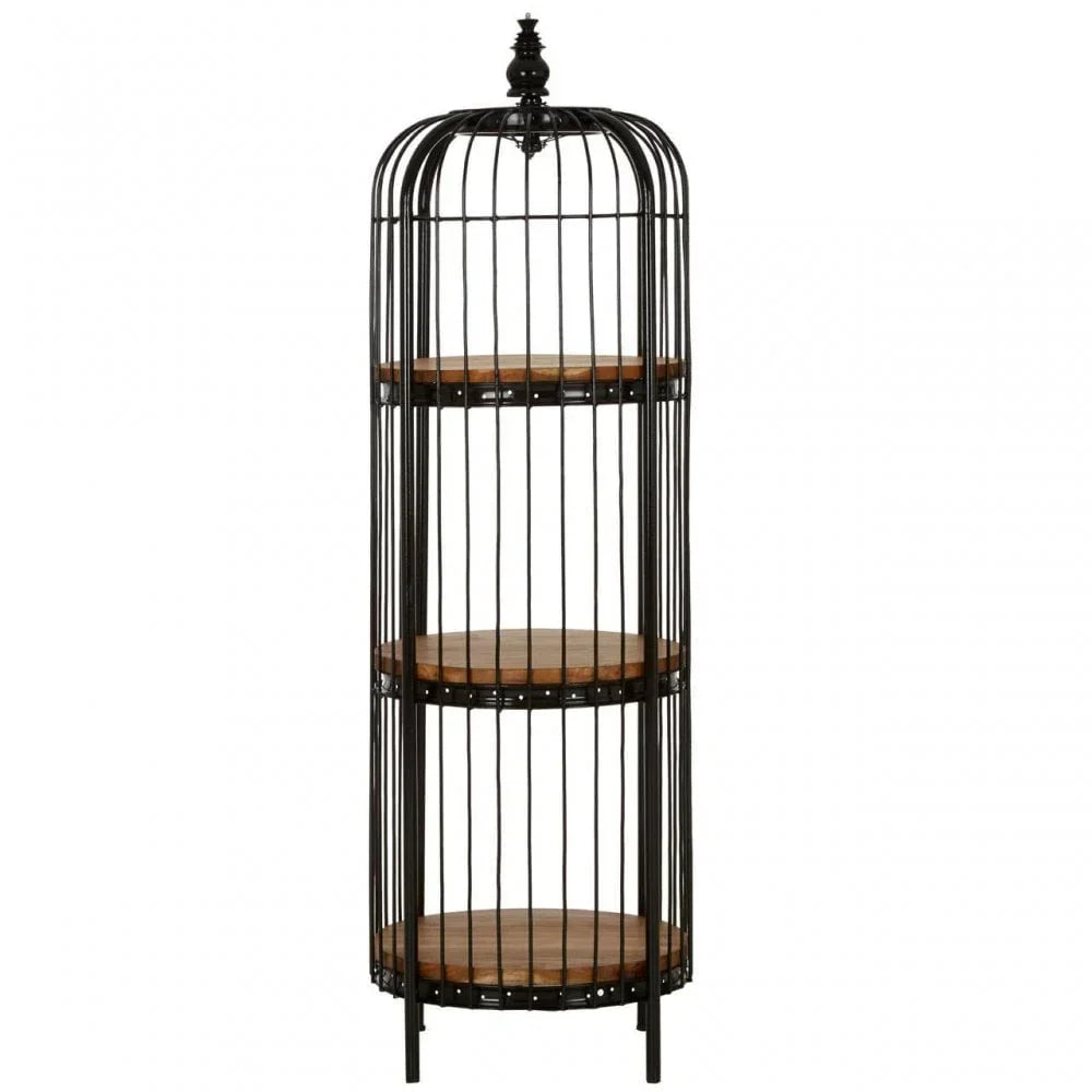 Black metal and wood shelving unit with three round shelves and birdcage design