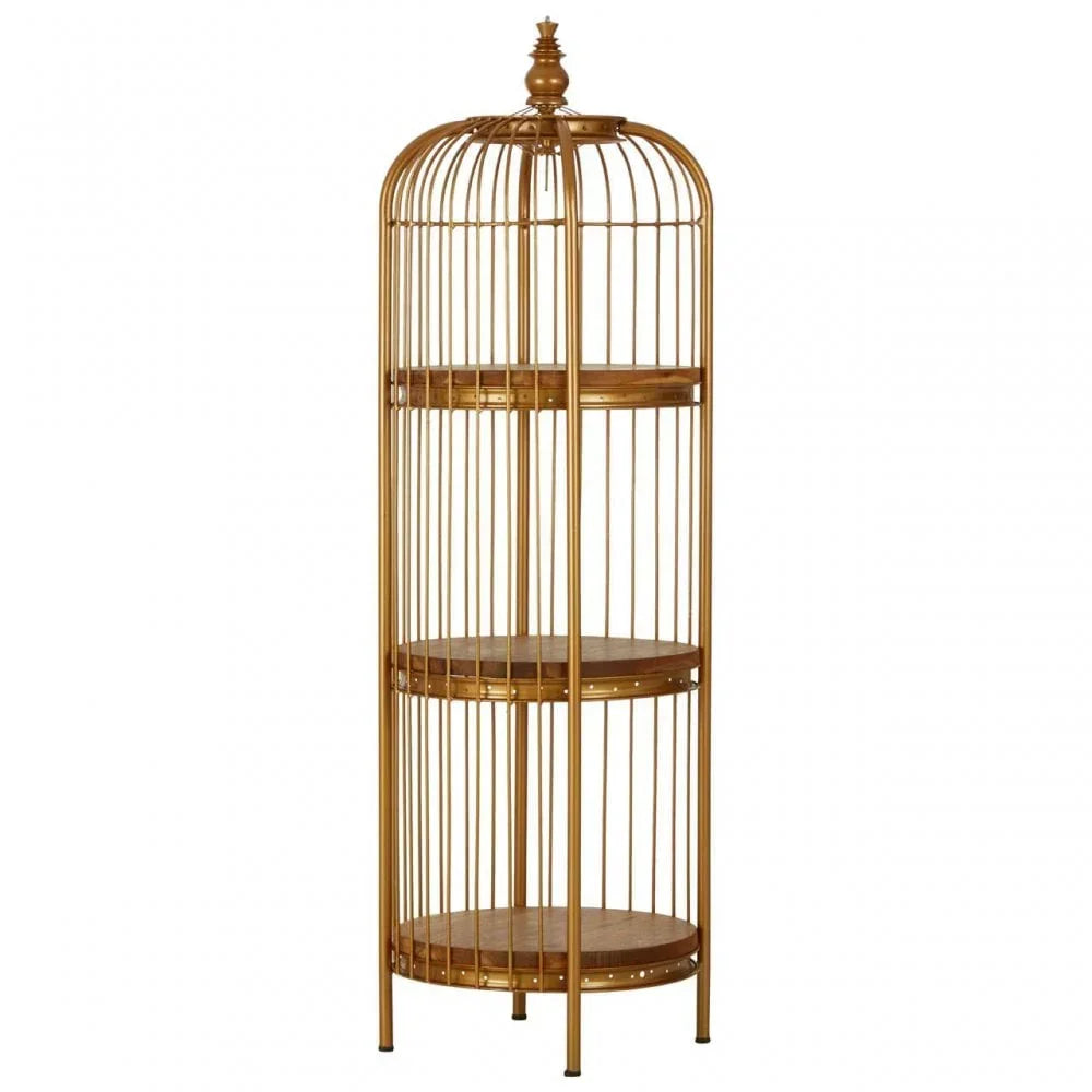 Gold metal birdcage style shelving unit with three round wooden shelves