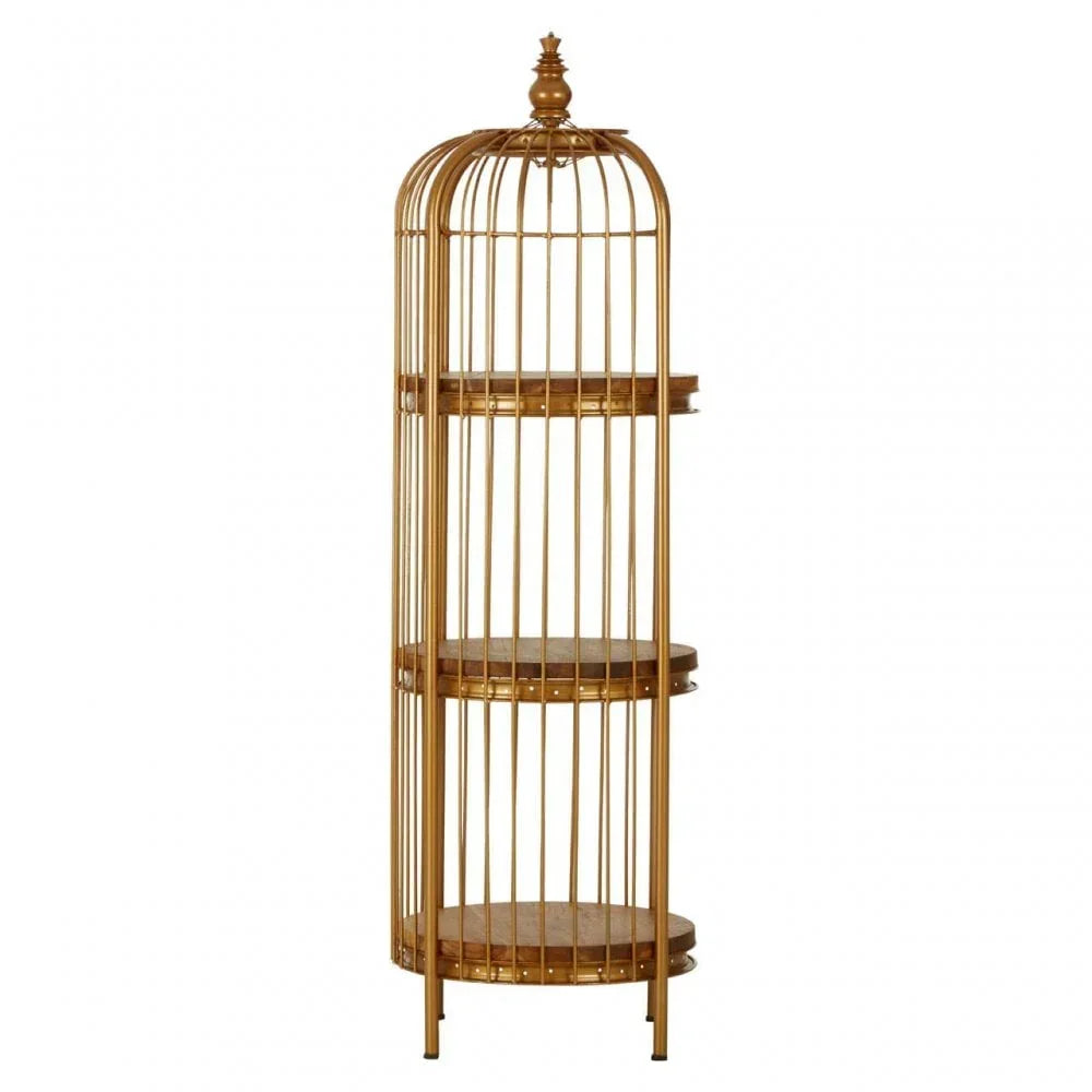 Gold metal shelving unit with three round wooden shelves and cage design