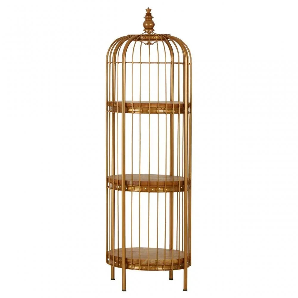 Gold metal shelving unit with three round shelves and dome birdcage design