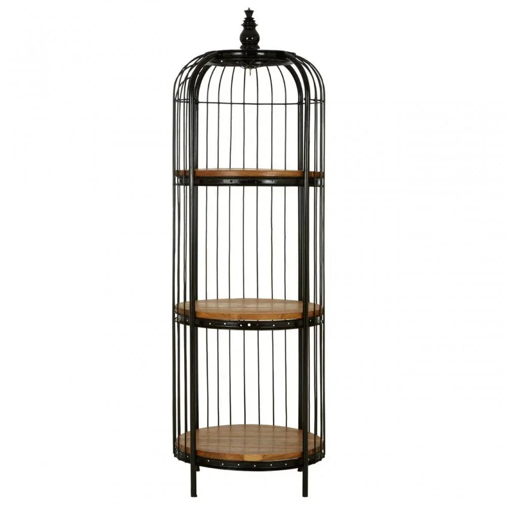 Tall black metal shelving unit with three round wooden shelves and decorative top finial