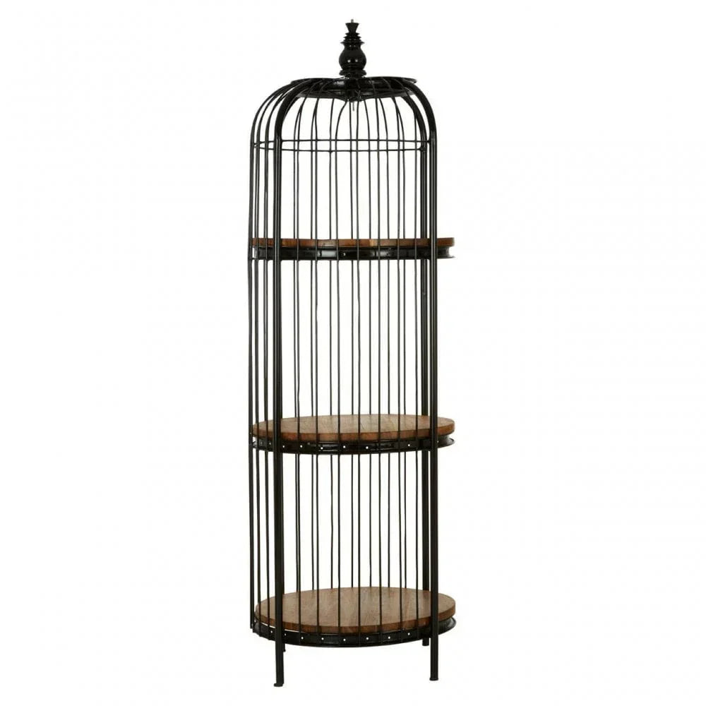Black metal cage-style shelving unit with three round wooden shelves
