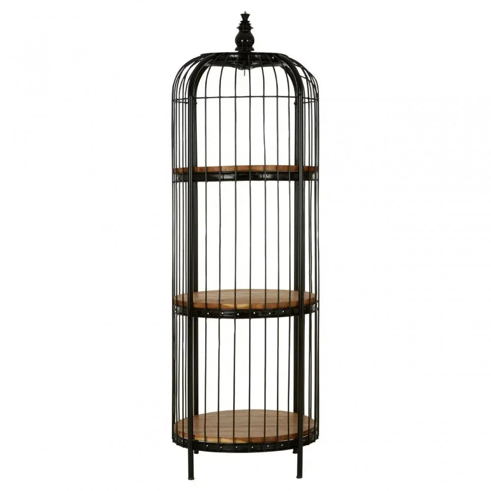 Tall black metal shelving unit with round wooden shelves and decorative top finial