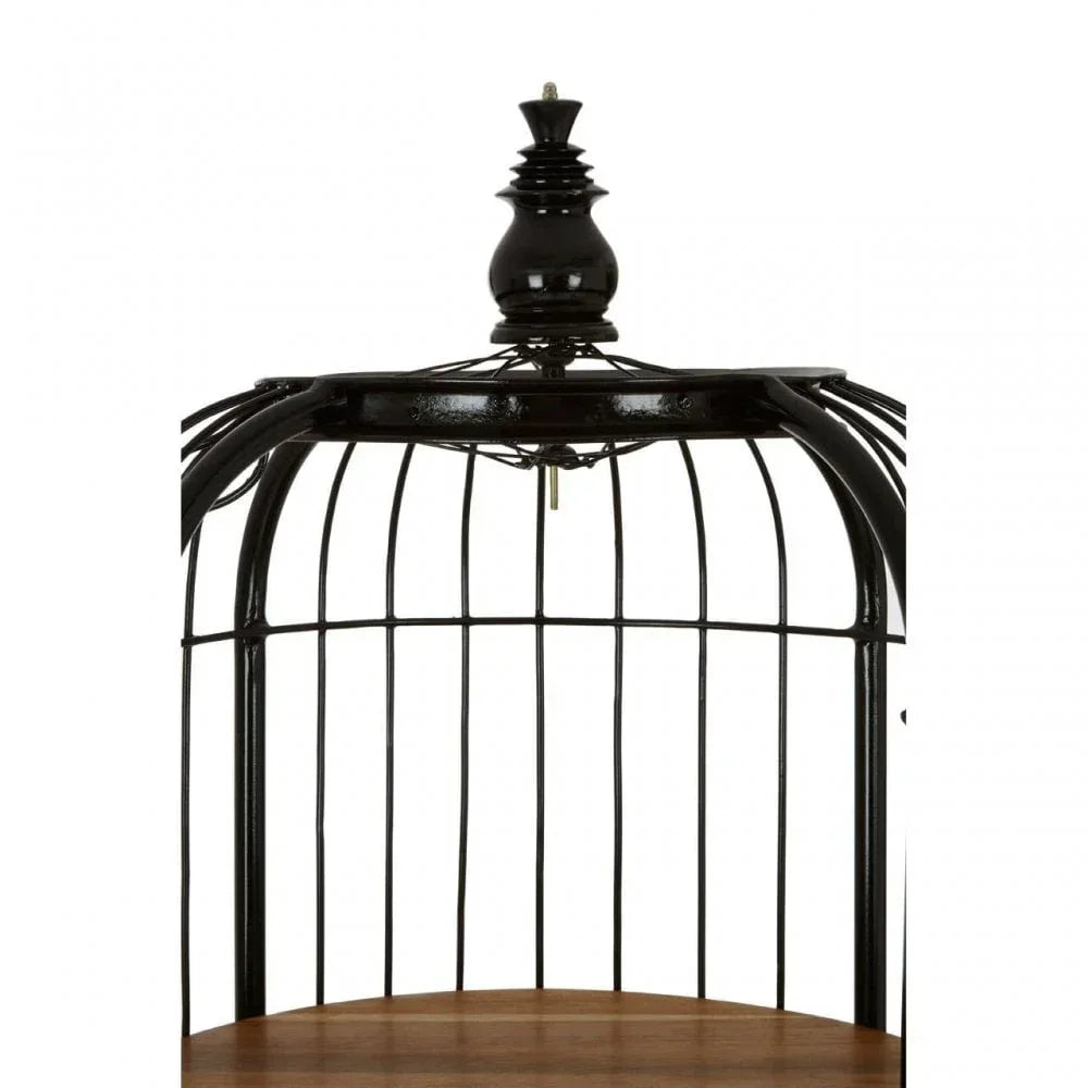 Black metal birdcage with wooden base, decorative finial detail at top, close-up view