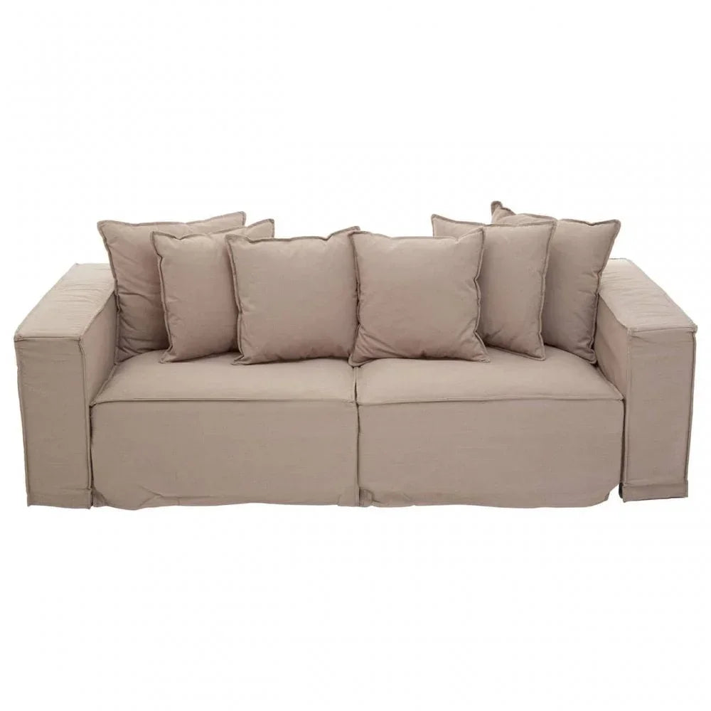 Beige fabric sofa with boxy arms and six matching scatter cushions, front view