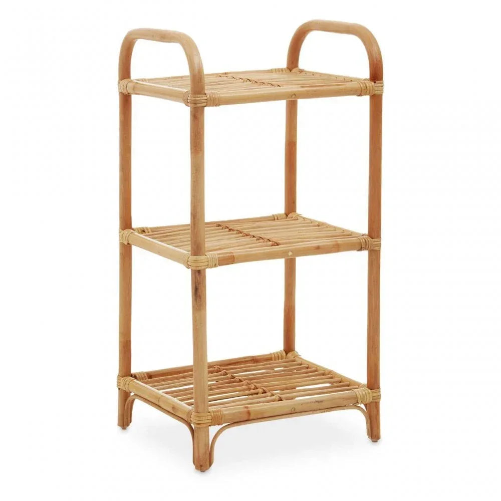 Three tier rattan storage unit with open shelves and curved handles