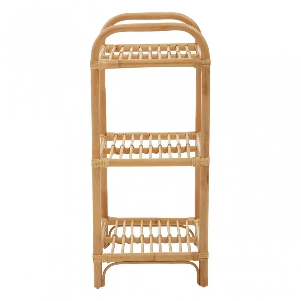 Three tier bamboo storage rack with open shelves and rounded handle design
