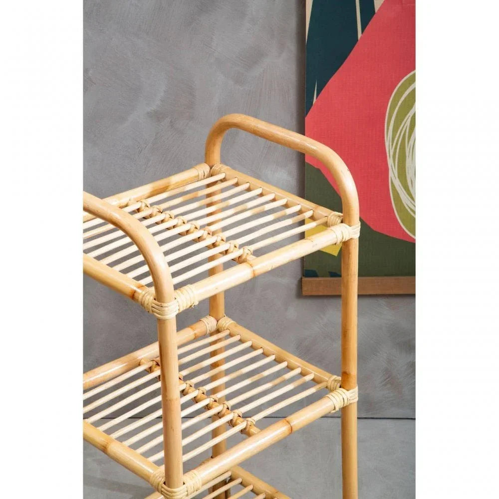 Natural rattan shelving unit with two open slatted shelves and rounded frame