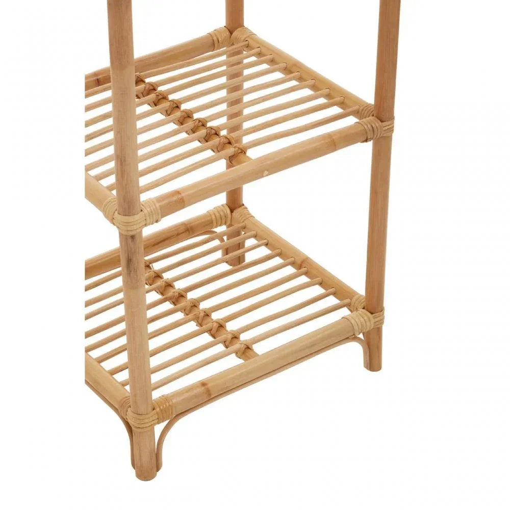 Natural rattan shelving unit with slatted shelves and rounded corners