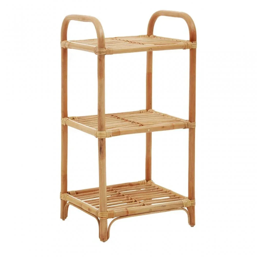 Three tier bamboo storage shelf with open slatted design and rounded handles