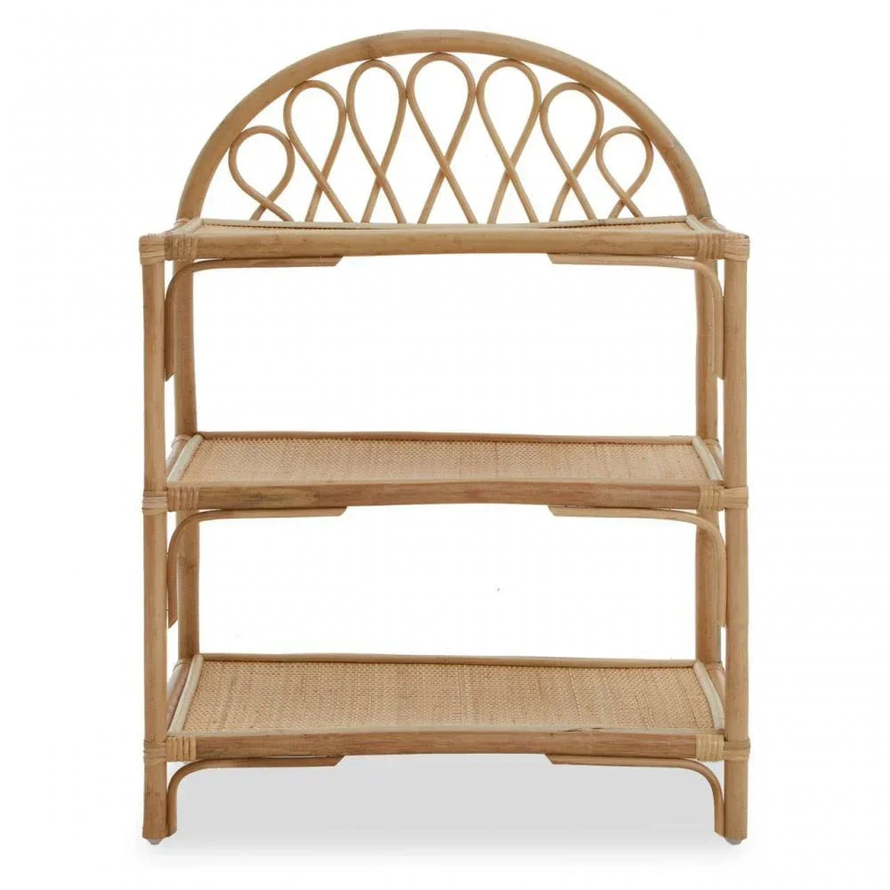 Three tier rattan shelving unit with woven shelves and arched decorative back